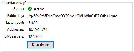 WireGuard GUI showing the tunnel is active with its public key and 10.10.0.1 address displayed